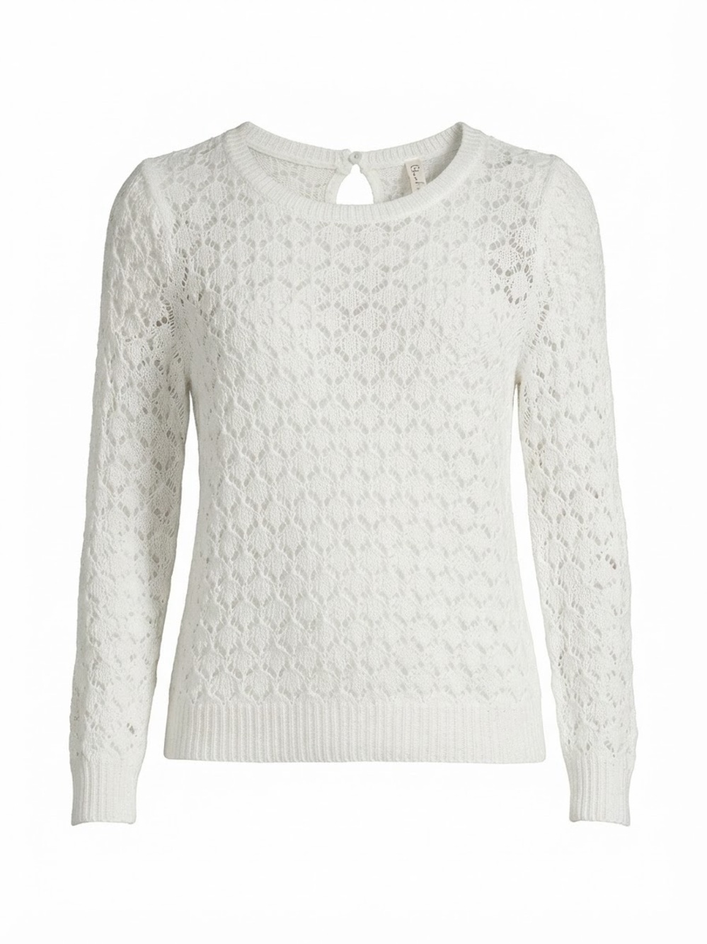 Cherokee White Open Knit Long Sleeve Pullover Sweater Keyhole Back Size XS